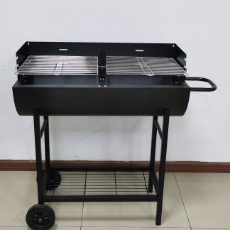Wood charcoal grill cart with two grill zones; the grill grates are height-adjustable and come with a storage compartment WU-8040G