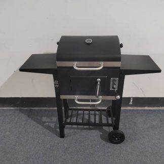 Wooden charcoal grill cart with an adjustable charcoal tray and lid  thermometer, shelves, and a large grilling surface WF-BOXM