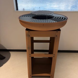 Outdoor steel fireplace; suitable for gardens; features a steel fire bowl, cooking grid, with wooden storage WF-701FJL