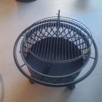 WF-620JL Black outdoor fire pit cooking station, 620 mm, steel large bowl with mesh lid and cooking grs – perfect for your outdoor terrace!
