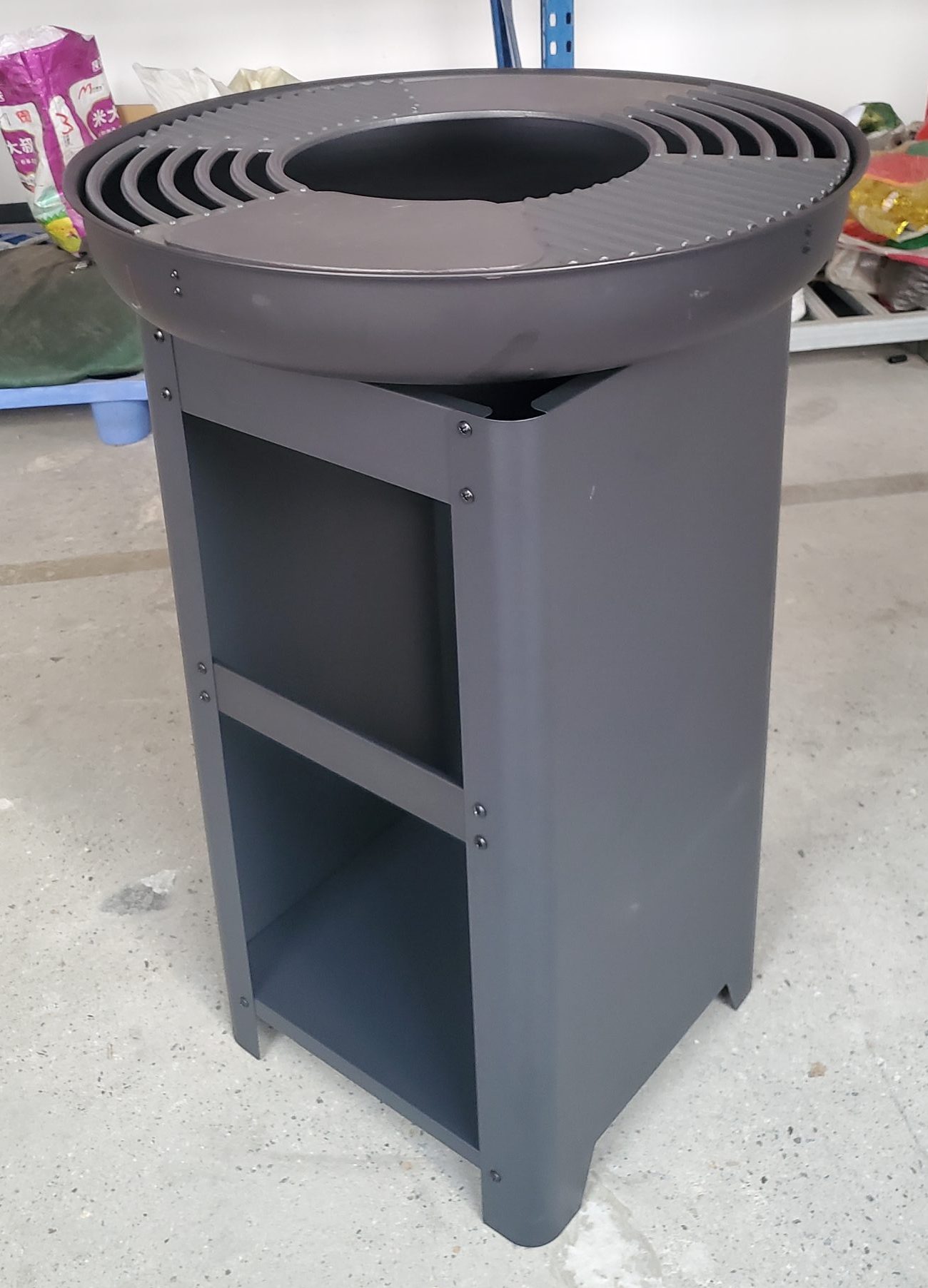 Outdoor fire pit with wood storage; wood fire pit with cooking plate and grid WF-701FJL